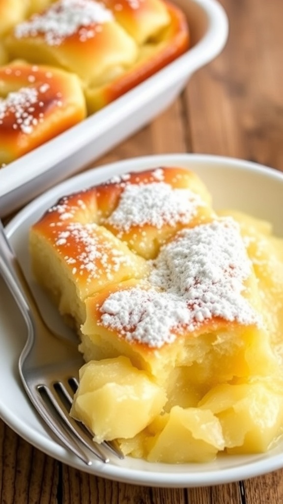 A delicious bread pudding made from hamburger buns, dusted with powdered sugar, served on a rustic table.